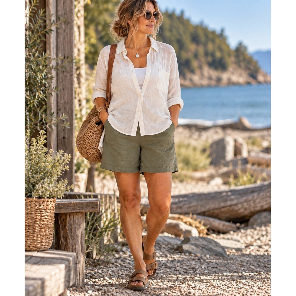 J. Jill Pure Jill Women Olive Drab Garment Dyed 100% Linen Shorts XS Earthcore